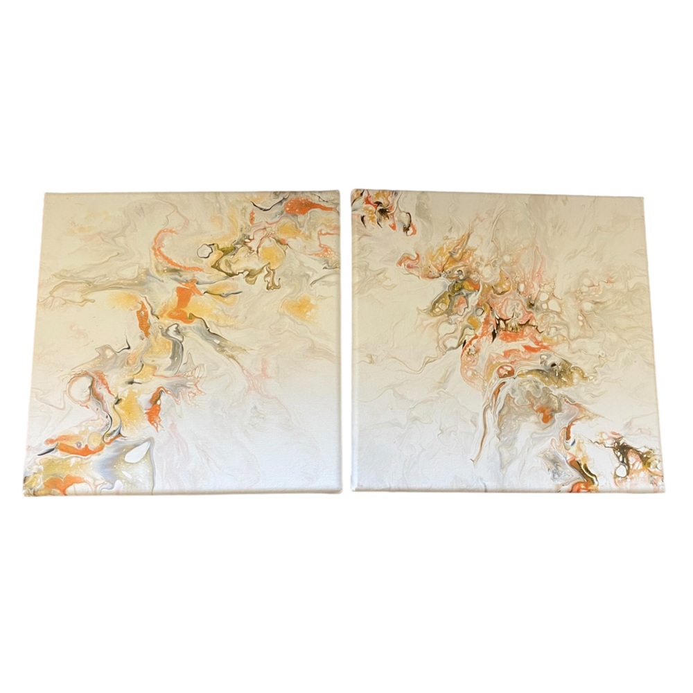 Set of two abstract acrylic pour sets acrylic blow out metallic